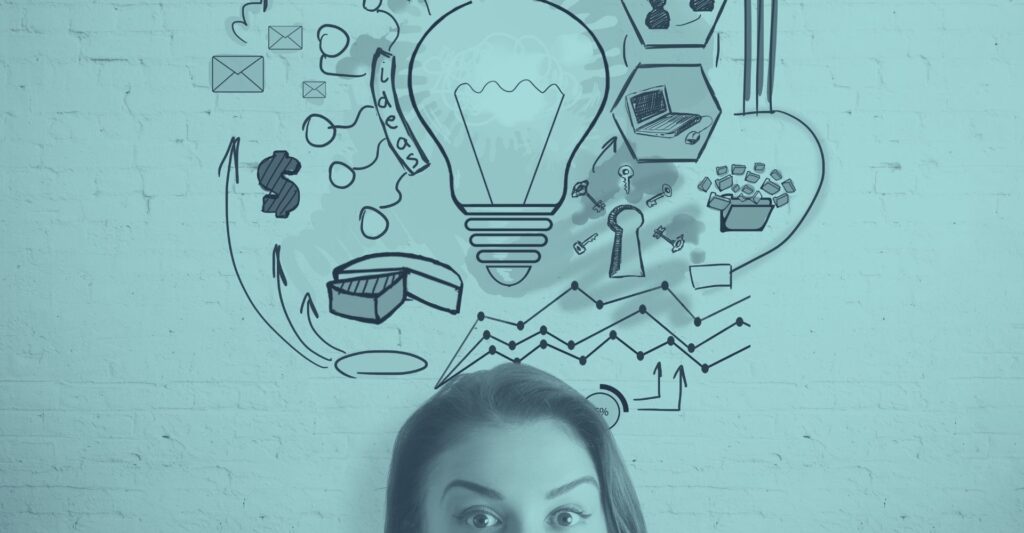 Junge Frau mit dunklen Haaren blickt nach oben, über ihrem Kopf schweben handgezeichnete Business-Icons: leuchtende Glühbirne, Diagramme, Geldzeichen, Laptop und Zahnrad-Symbole auf türkisfarbenem Hintergrund – symbolisiert kreative Geschäftsideen und Innovation für 2026 in Österreich.