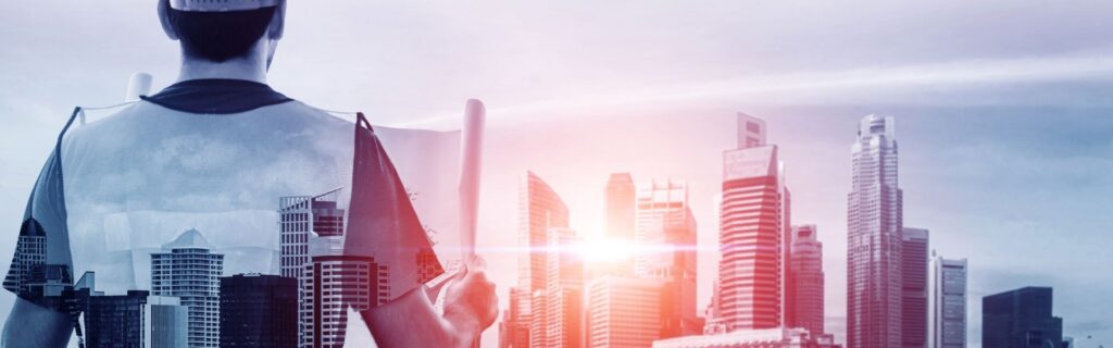 Geschäftsmann blickt auf moderne Stadtsilhouette, symbolisiert die Entbürokratisierung und Zukunft des Bauwesens für österreichische Bauunternehmen 2025