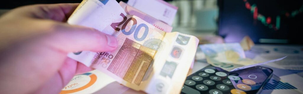 Person berechnet steuerliche Vorteile der außerplanmäßigen Immobilien-Abschreibung mit Taschenrechner, Euro-Banknoten und Finanzunterlagen in Österreich.