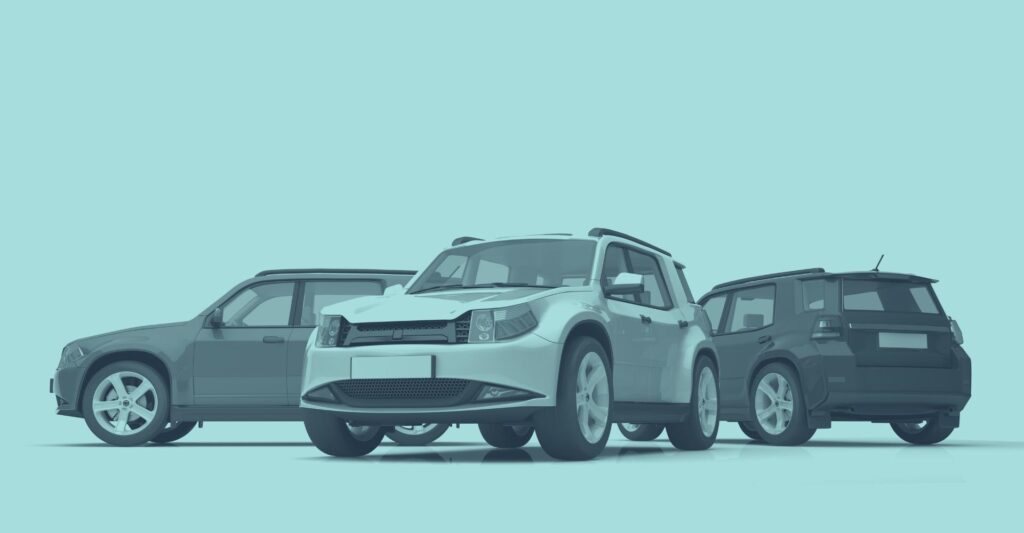 "Illustration von drei modernen Firmenwagen in unterschiedlichen Karosserieformen auf monochromem, türkisfarbenem Hintergrund; vermittelt den Vergleich zwischen E‑Auto und Verbrenner als Dienstwagen 2025 in Österreich und führt in Themen wie Sachbezug 0%, CO₂‑Grenzwerte, Vorsteuerabzug und tatsächliche Gesamtkosten ein.
