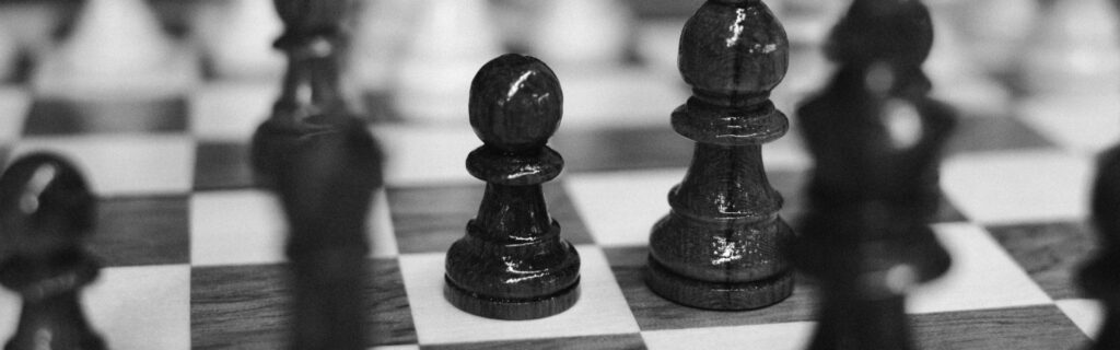 Verschiedene Schachfiguren aus Holz auf einem Schachbrett in schwarz-weiß. Das Bild steht für strategisches Denken, Planung und die Weichenstellung, die ein Jahresabschlussgespräch für die Zukunft des Unternehmens möglich macht.