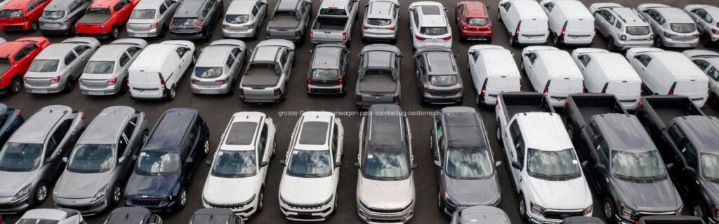 Detaillierte Luftaufnahme eines Fahrzeug-Flottenparkplatzes mit über 50 geparkten PKW verschiedener Marken und Farben (weiß, rot, grau, schwarz). Die realistische Darstellung zeigt einen echten Firmenwagen-Pool mit sichtbaren Markierungen und strukturierter Zuteilung, wie er für Dokumentationspflichten gemäß BFG-Mehrfachansatz-Entscheidung 2025 relevant ist. Das Bild verdeutlicht den Unterschied zwischen echten Gemeinschaftsflotten und persönlich zugeordneten Fahrzeugen im Kontext der österreichischen Sachbezugsbesteuerung.