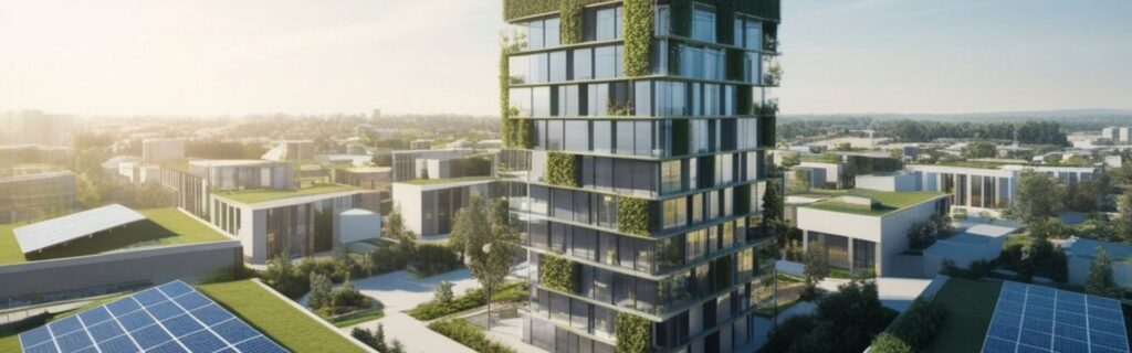 Modernes klimafreundliches Mehrfamiliengebäude mit Grünfassade, Solarpanels und nachhaltigem Design im Luftbild – zeigt eine energieeffiziente Immobiliensanierung mit klimaaktiv Bronze Standard und beschleunigter AfA Abschreibung für Wohngebäude