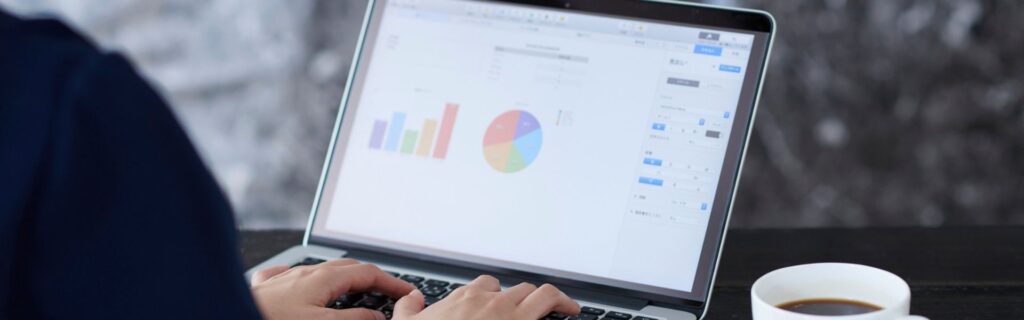 Person arbeitet am Laptop mit Balken- und Tortendiagrammen. Symbol für Auswertung von Sozialbetrug und Betrugsbekämpfung 2026 in der Bauwirtschaft