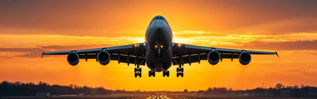 Flugzeug beim Start in den Sonnenuntergang – Bild für Fazit zu Reisekosten, Spesenabrerechnung und typischen Fehlern bei Geschäftsreisen.